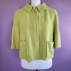 St. John Chartreuse Knit Collared Cropped Half Sleeve Single Button Cardigan